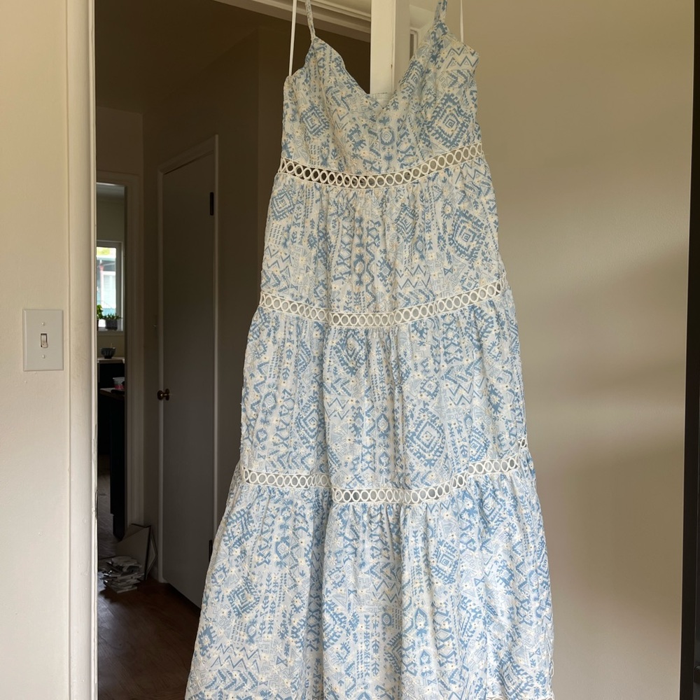 Aqua Blue and White Tiered Maxi Sundress